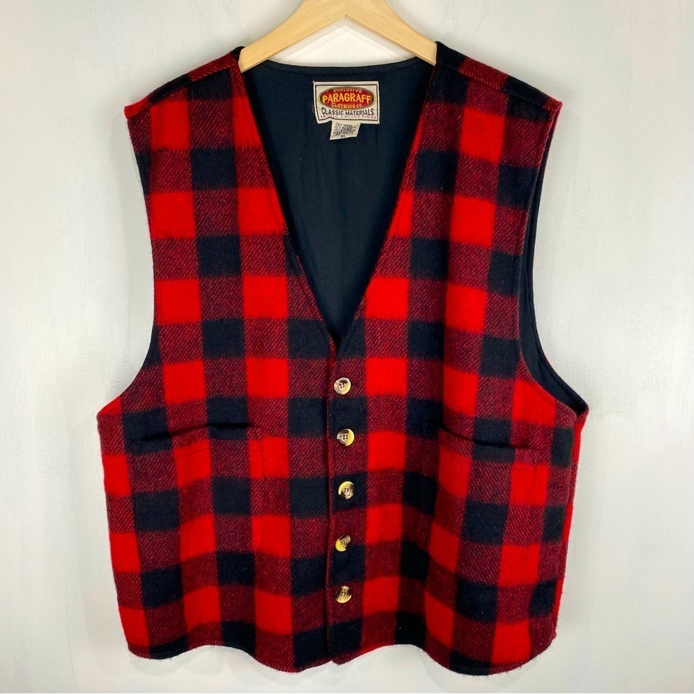 Paragraff Wool Blend Vintage Buffalo Plaid Check Fleece Winter Vest Jacket XL